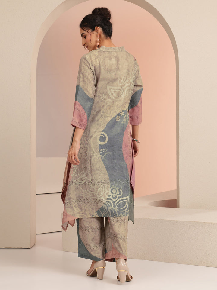 Libas Beige Floral Printed Linen A-Line Kurta Set
