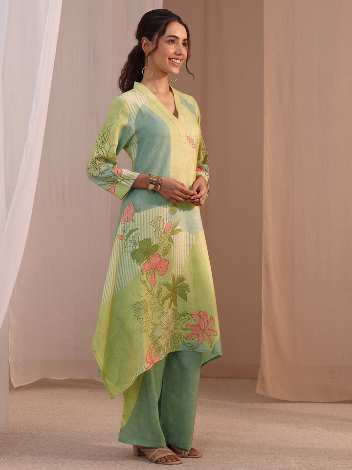 Libas Green Floral Printed Linen A-Line Kurta Set