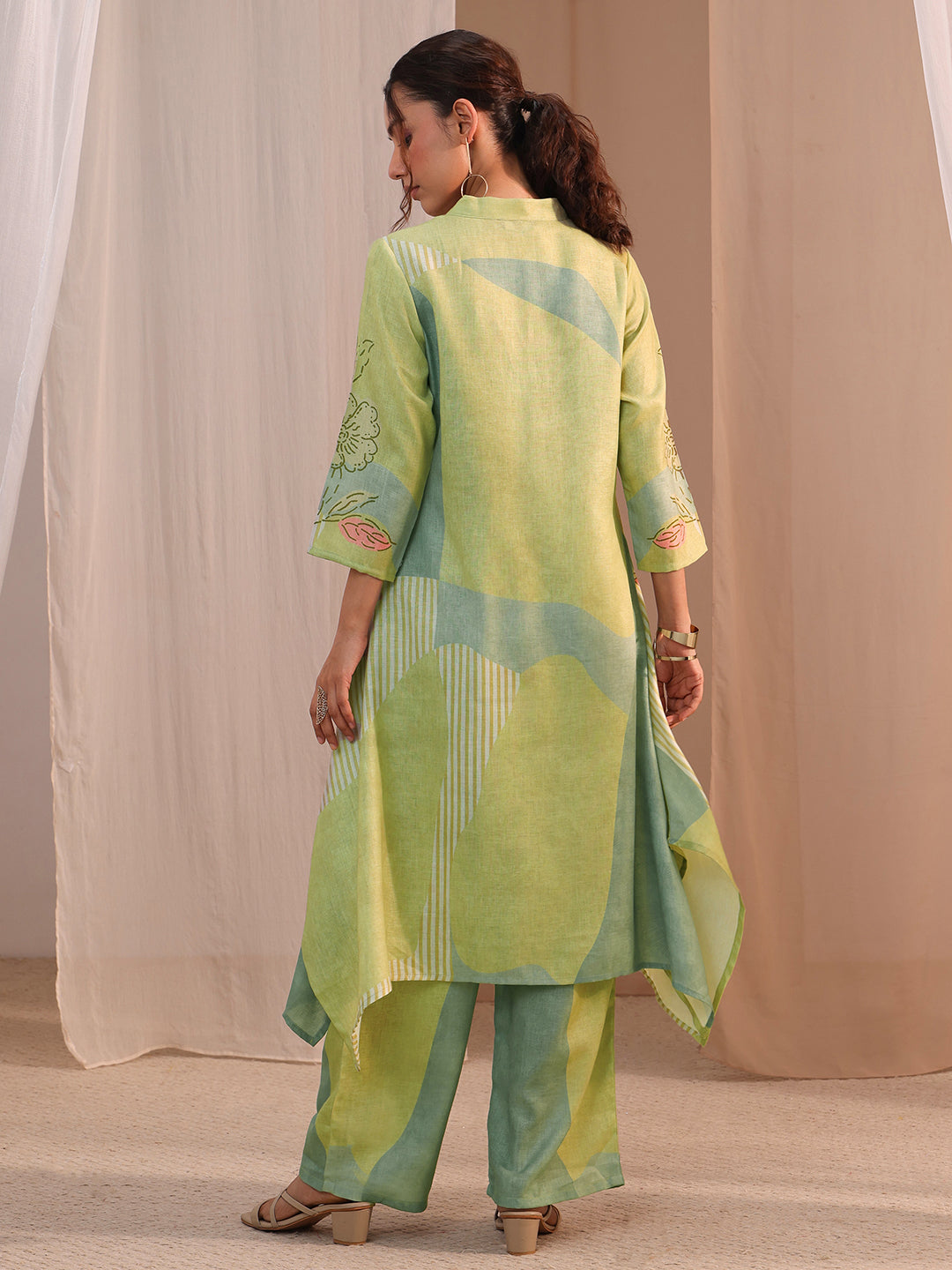 Libas Green Floral Printed Linen A-Line Kurta Set