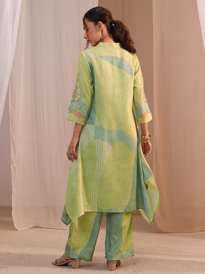 Libas Green Floral Printed Linen A-Line Kurta Set