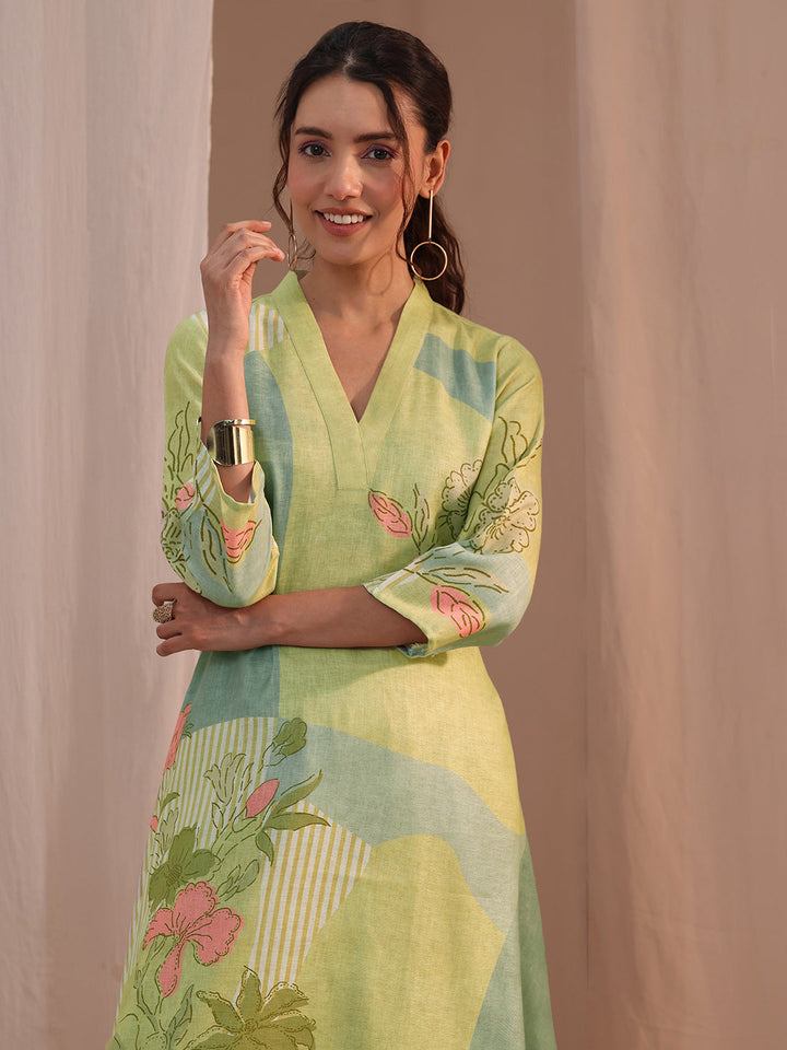 Libas Green Floral Printed Linen A-Line Kurta Set