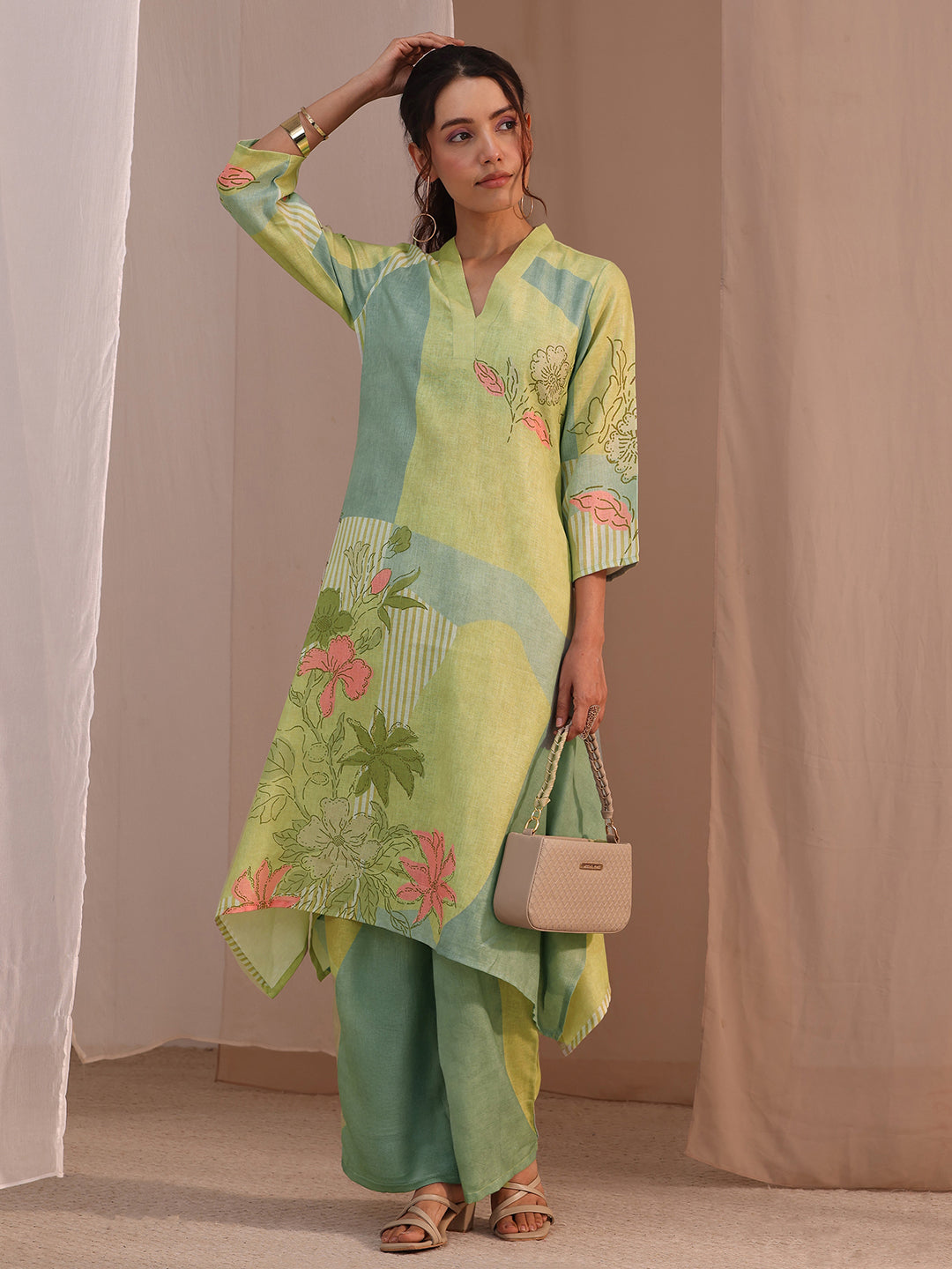 Libas Green Floral Printed Linen A-Line Kurta Set