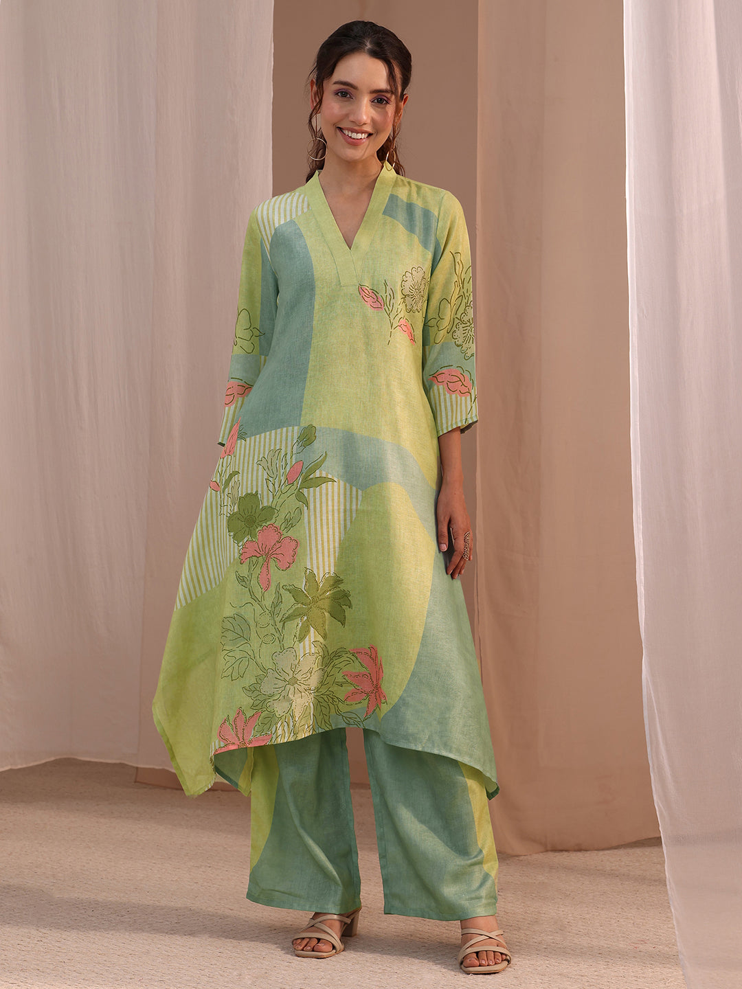 Libas Green Floral Printed Linen A-Line Kurta Set