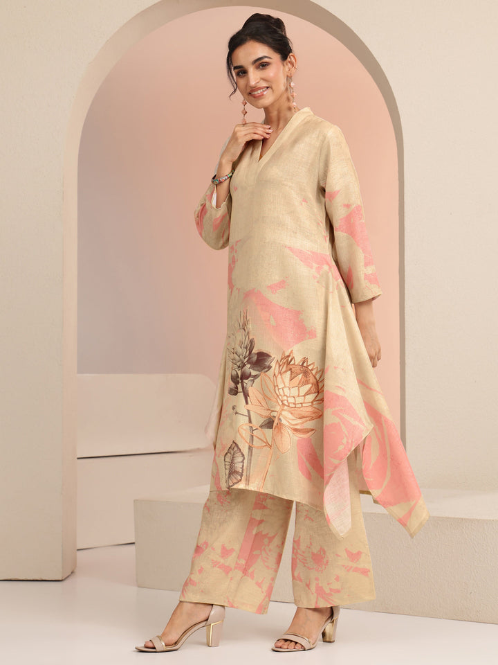 Libas Beige Floral Printed Linen A-Line Kurta Set