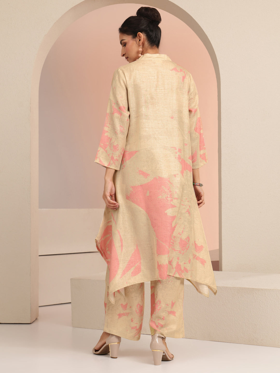 Libas Beige Floral Printed Linen A-Line Kurta Set