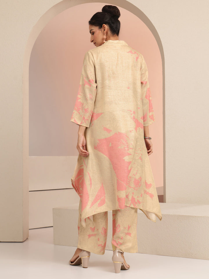 Libas Beige Floral Printed Linen A-Line Kurta Set