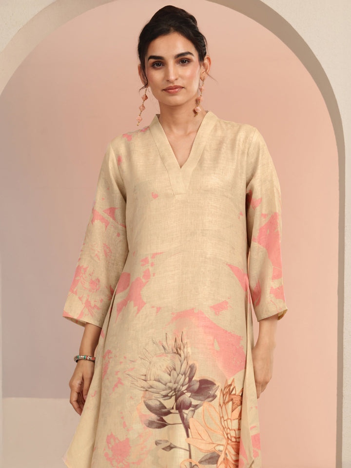 Libas Beige Floral Printed Linen A-Line Kurta Set