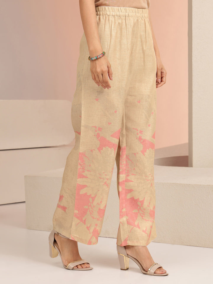 Libas Beige Floral Printed Linen A-Line Kurta Set