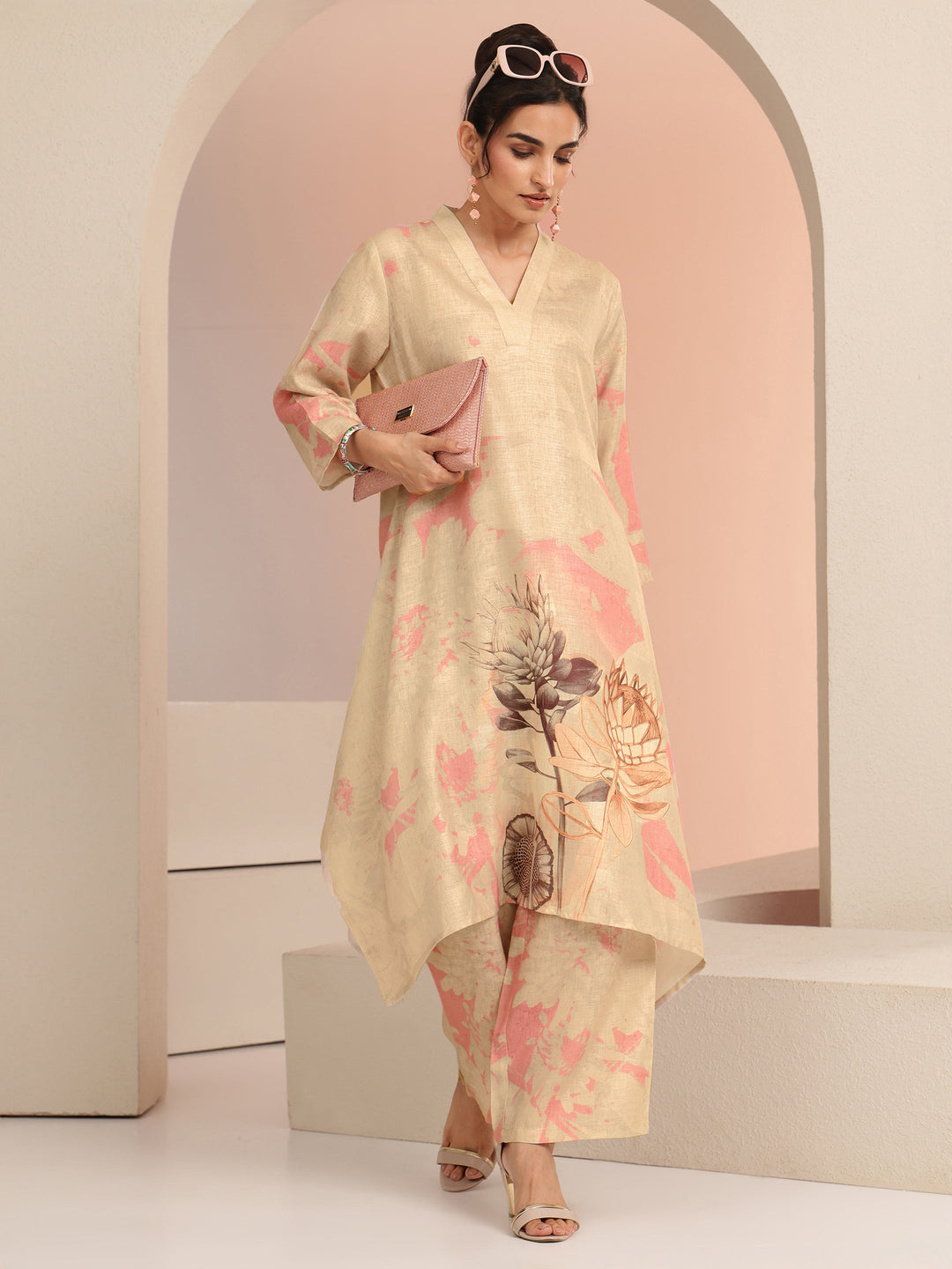 Libas Beige Floral Printed Linen A-Line Kurta Set