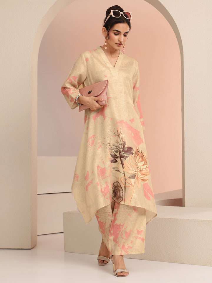 Libas Beige Floral Printed Linen A-Line Kurta Set