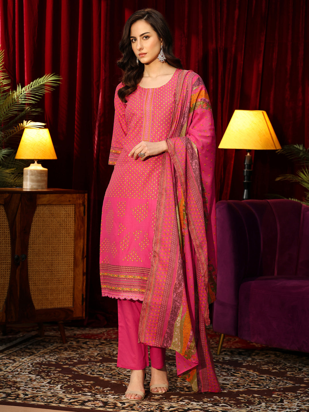 Libas Fuchsia Pink Floral Printed Cotton Blend Straight Suit Set