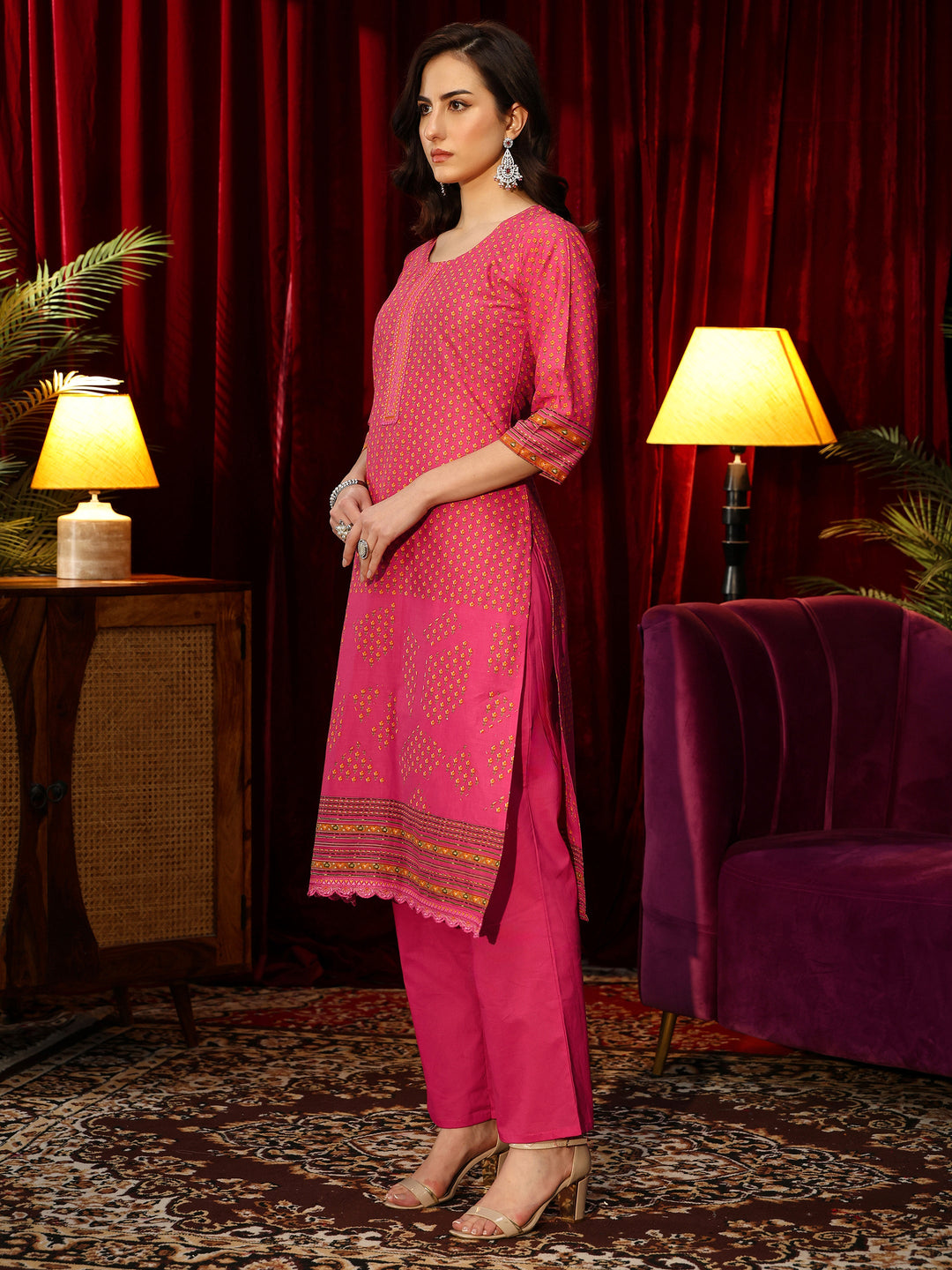 Libas Fuchsia Pink Floral Printed Cotton Blend Straight Suit Set