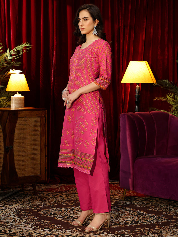Libas Fuchsia Pink Floral Printed Cotton Blend Straight Suit Set