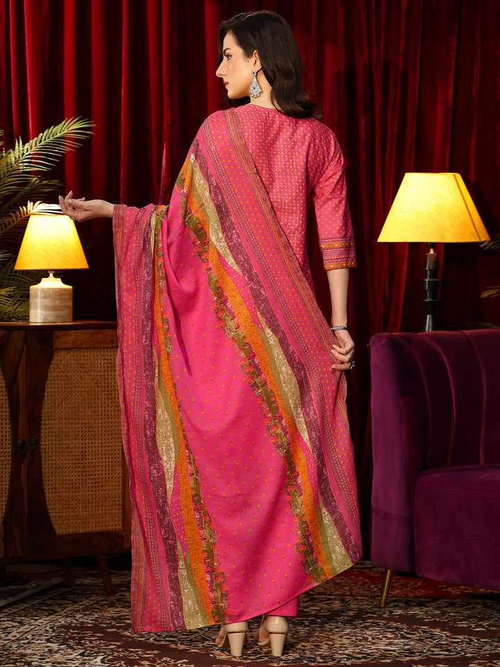 Libas Fuchsia Pink Floral Printed Cotton Blend Straight Suit Set