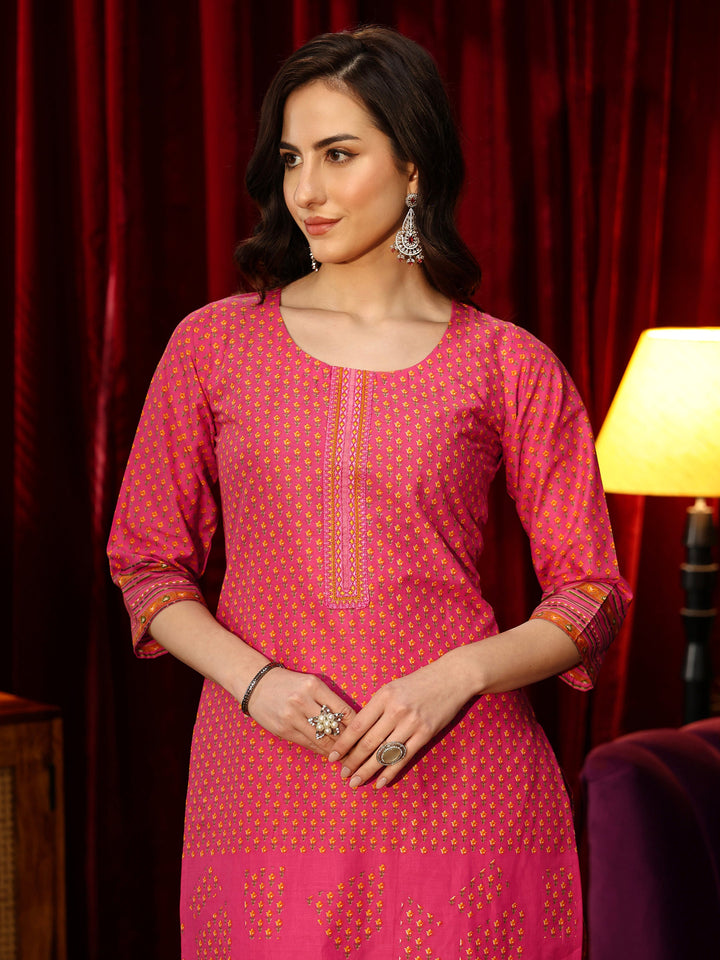 Libas Fuchsia Pink Floral Printed Cotton Blend Straight Suit Set