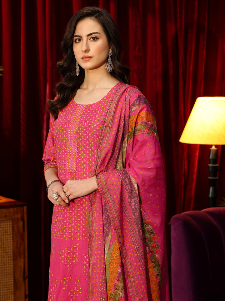 Libas Fuchsia Pink Floral Printed Cotton Blend Straight Suit Set