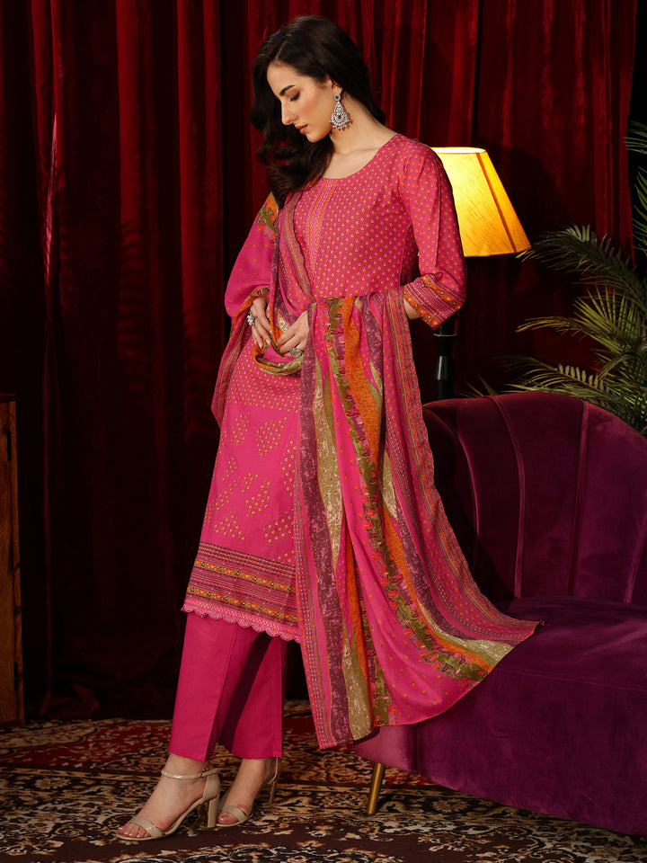 Libas Fuchsia Pink Floral Printed Cotton Blend Straight Suit Set
