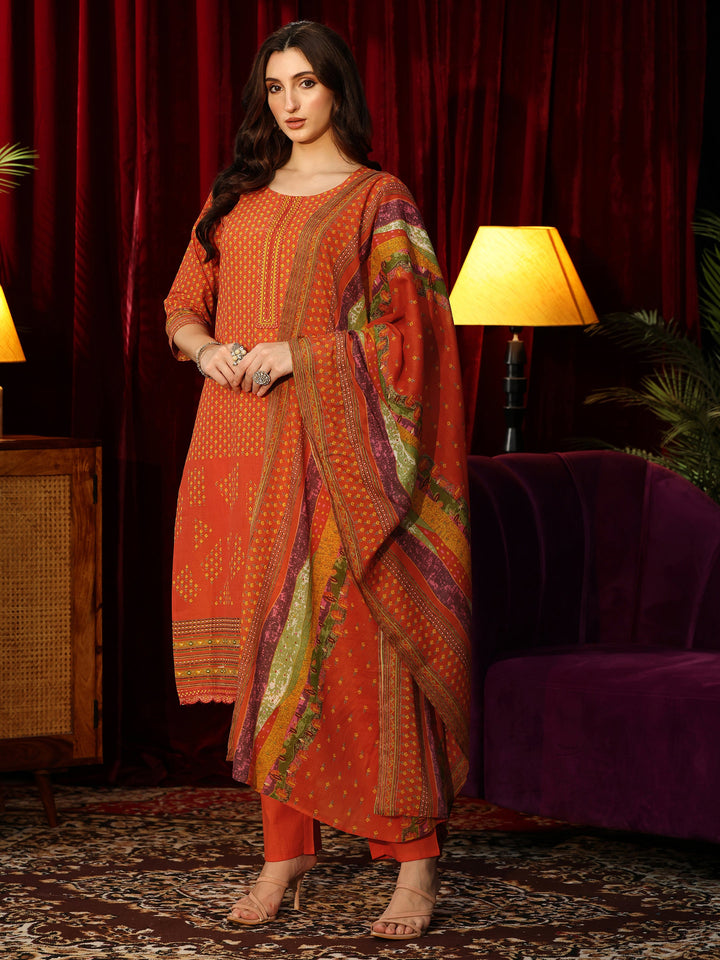 Libas Orange Floral Printed Cotton Blend Straight Suit Set