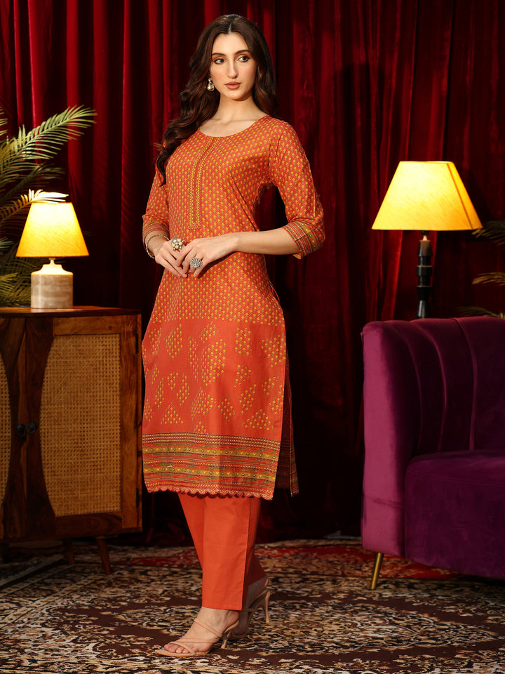 Libas Orange Floral Printed Cotton Blend Straight Suit Set