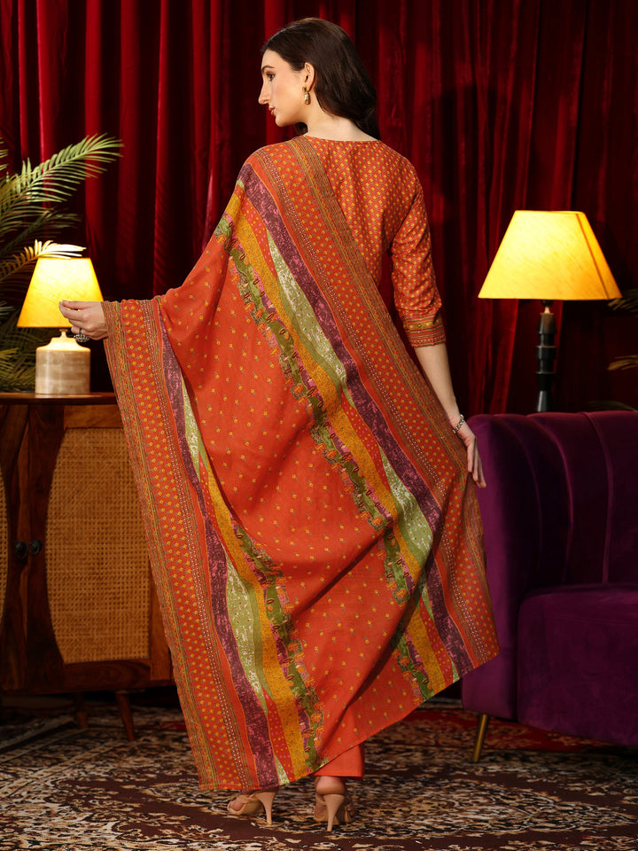 Libas Orange Floral Printed Cotton Blend Straight Suit Set