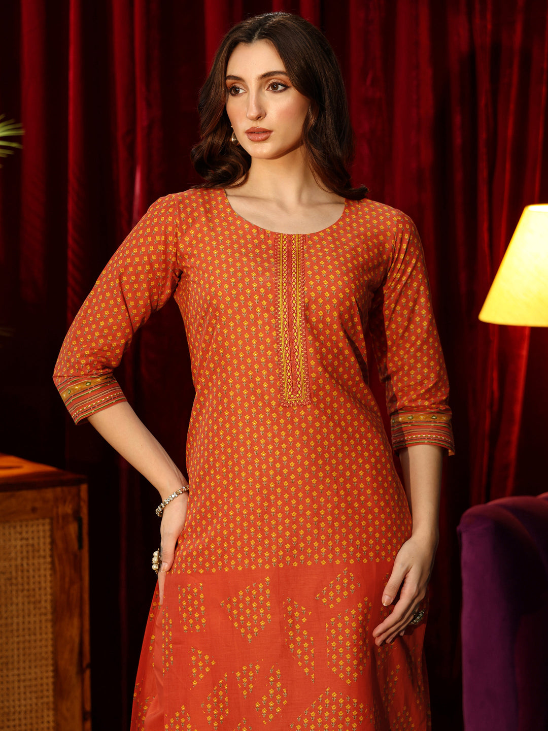 Libas Orange Floral Printed Cotton Blend Straight Suit Set