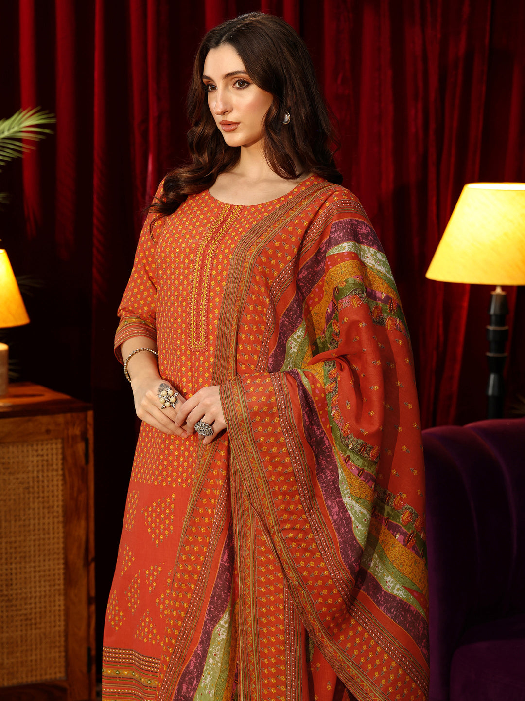 Libas Orange Floral Printed Cotton Blend Straight Suit Set