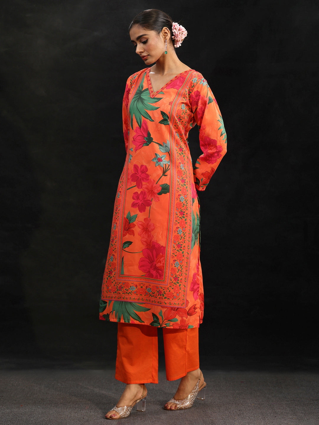 Libas Orange Floral Printed Cotton Blend Straight Suit Set