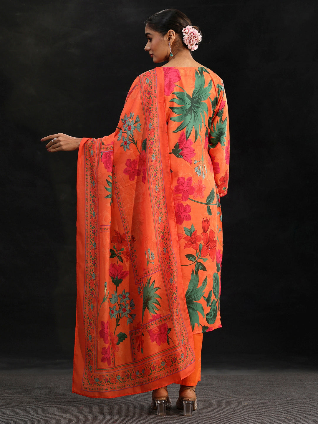 Libas Orange Floral Printed Cotton Blend Straight Suit Set