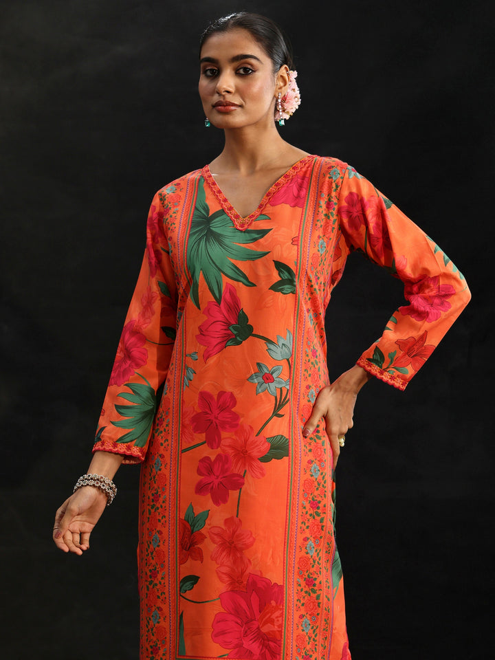 Libas Orange Floral Printed Cotton Blend Straight Suit Set