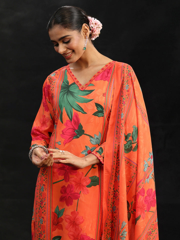 Libas Orange Floral Printed Cotton Blend Straight Suit Set