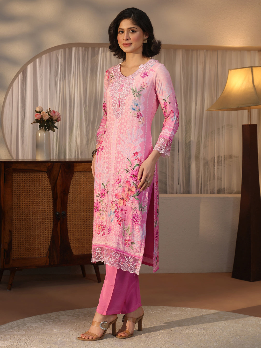 Libas Pink Floral Printed Crepe Straight Suit Set