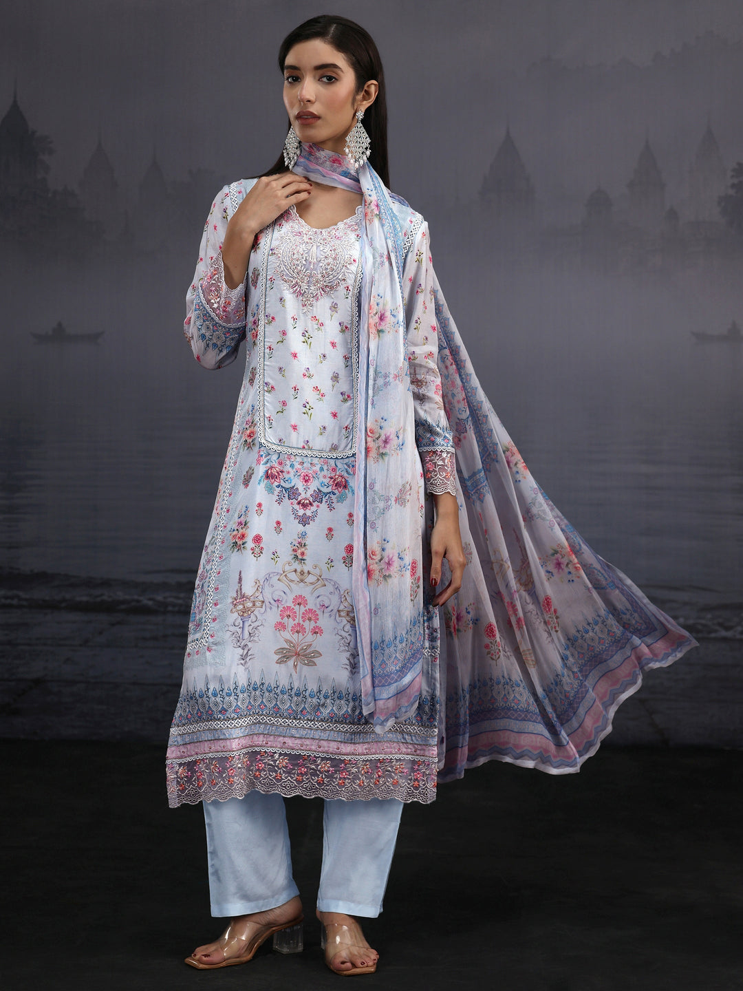 Libas Blue Floral Printed Crepe Straight Suit Set