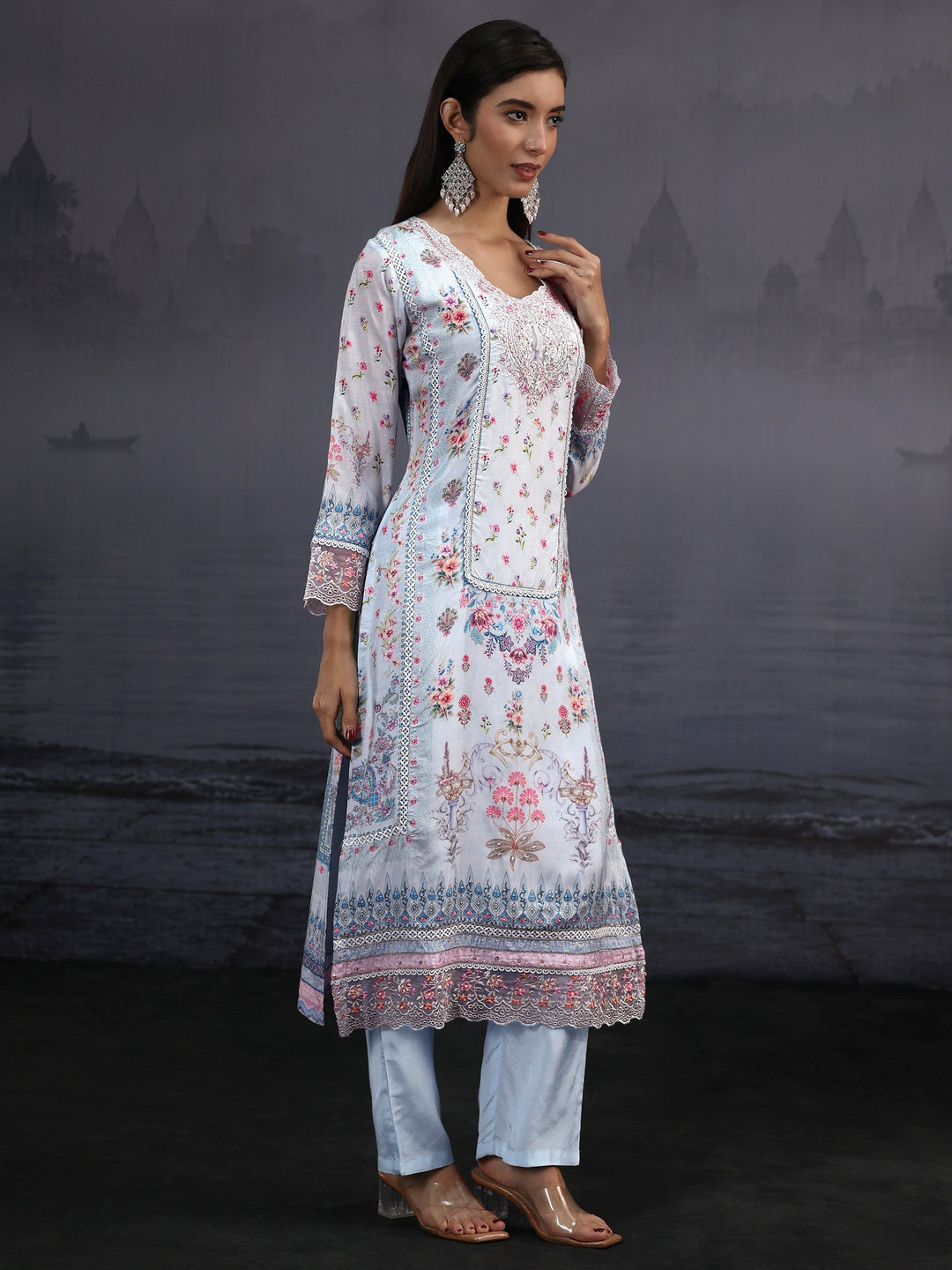 Libas Blue Floral Printed Crepe Straight Suit Set