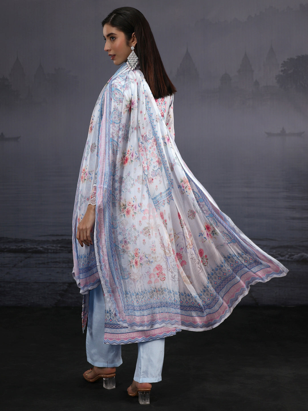 Libas Blue Floral Printed Crepe Straight Suit Set