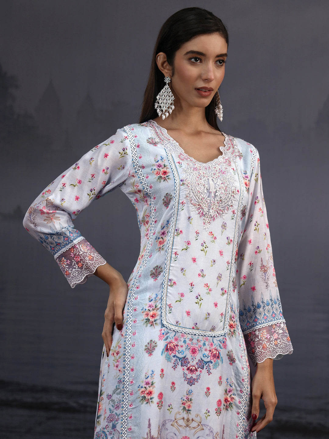 Libas Blue Floral Printed Crepe Straight Suit Set