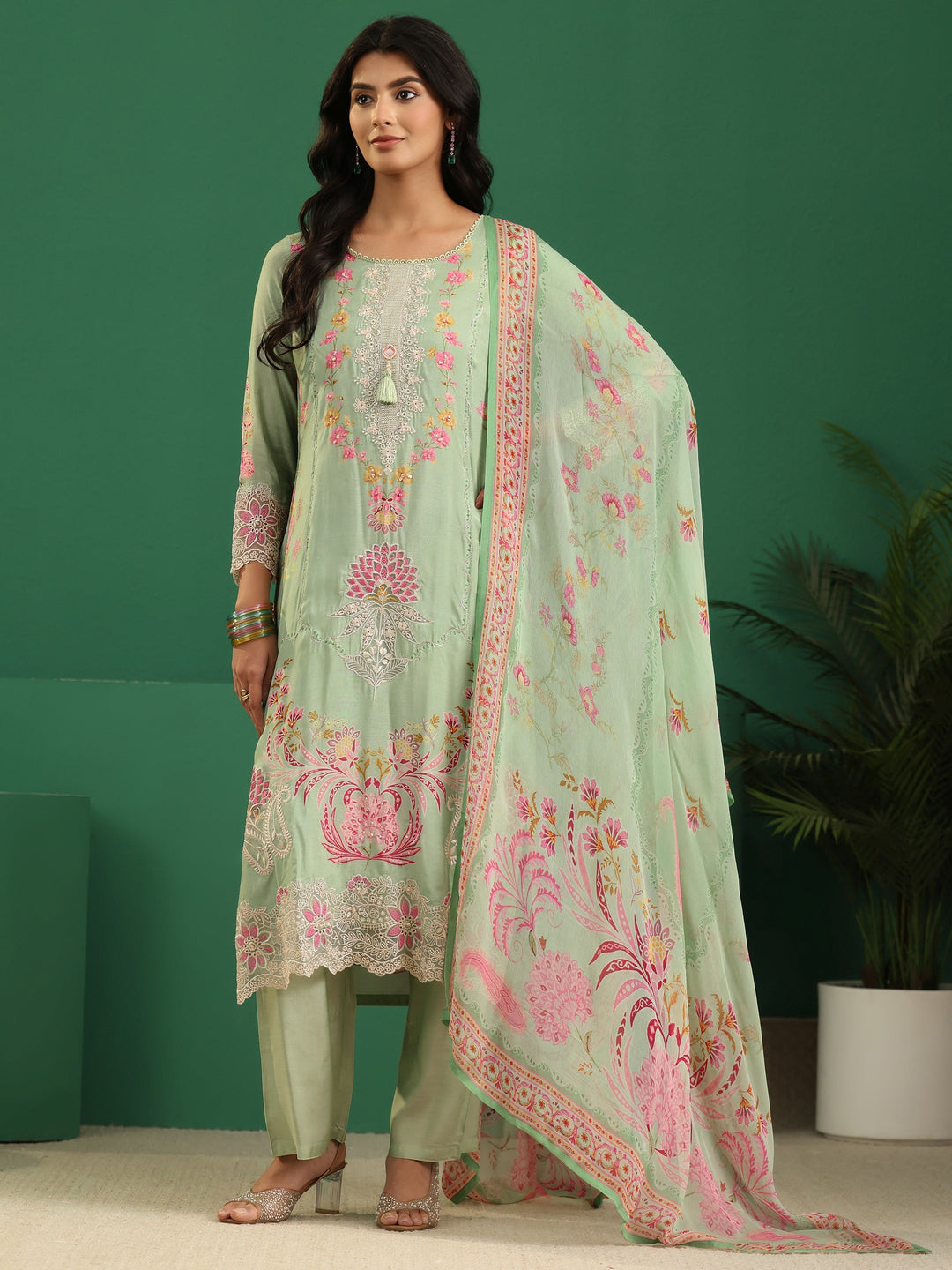 Libas Pista Green Floral Embroidered Crepe Straight Suit Set