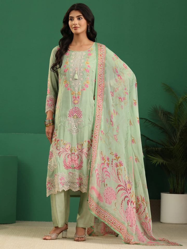 Libas Pista Green Floral Embroidered Crepe Straight Suit Set