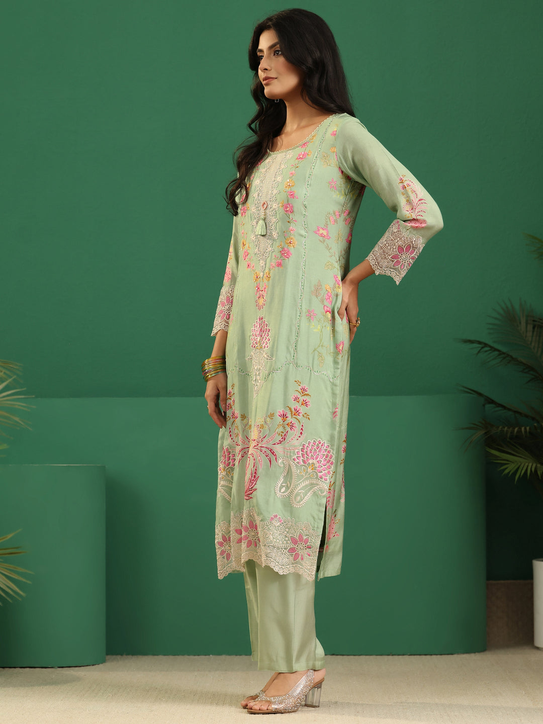 Libas Pista Green Floral Embroidered Crepe Straight Suit Set