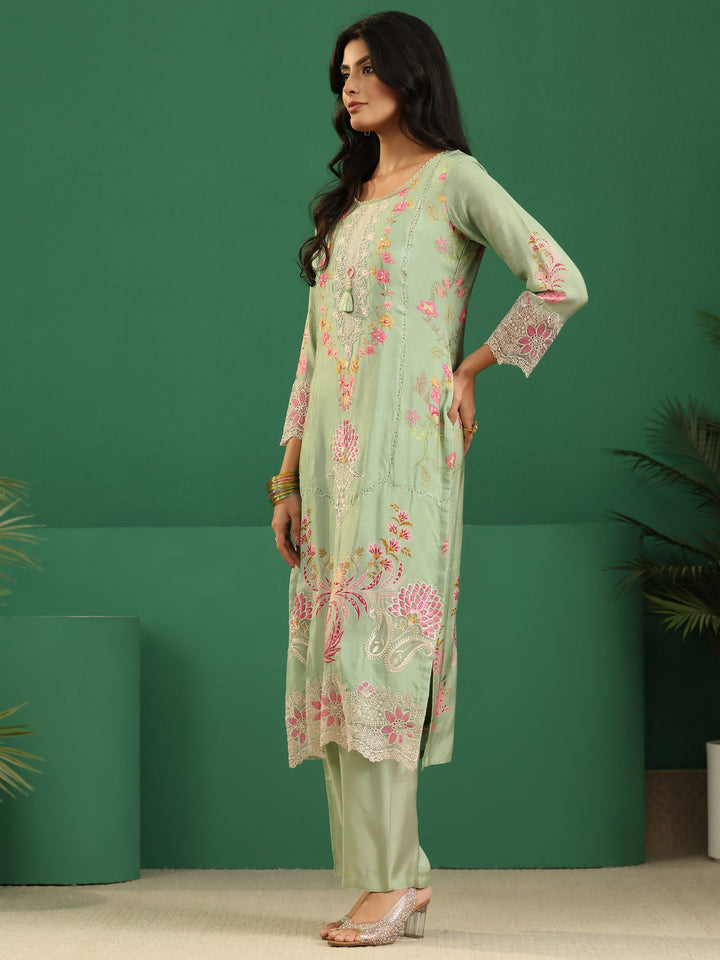Libas Pista Green Floral Embroidered Crepe Straight Suit Set