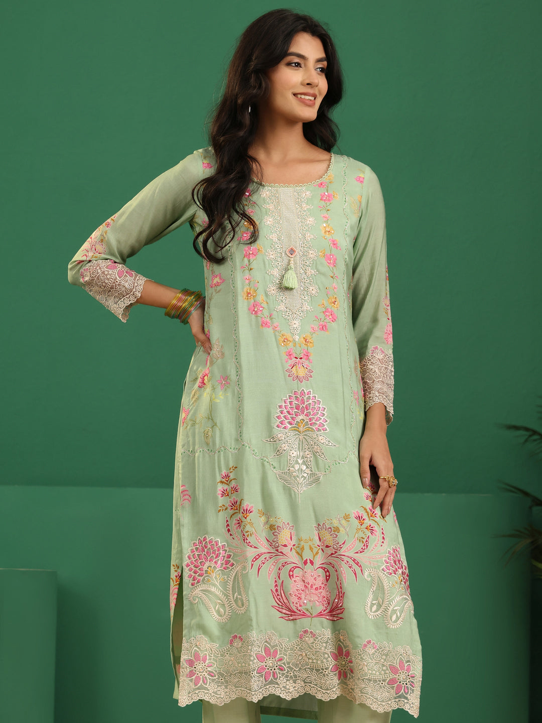 Libas Pista Green Floral Embroidered Crepe Straight Suit Set