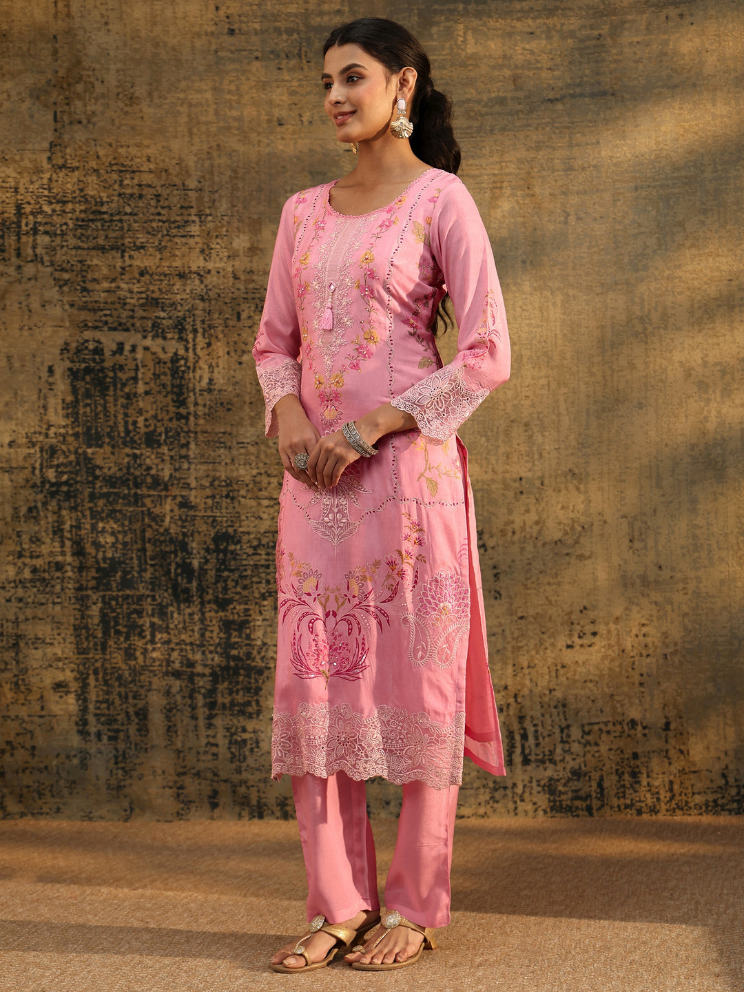 Libas Pink Floral Embroidered Crepe Straight Suit Set