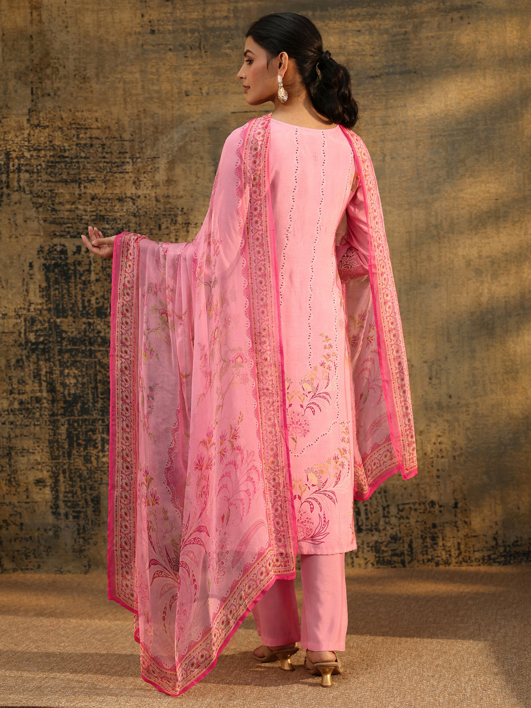 Libas Pink Floral Embroidered Crepe Straight Suit Set
