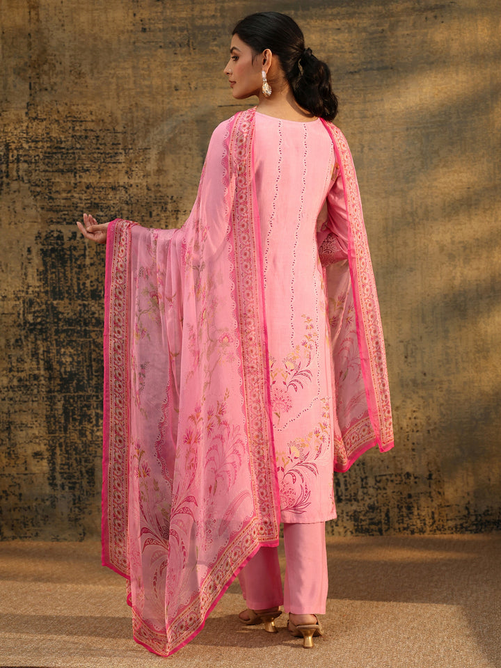 Libas Pink Floral Embroidered Crepe Straight Suit Set