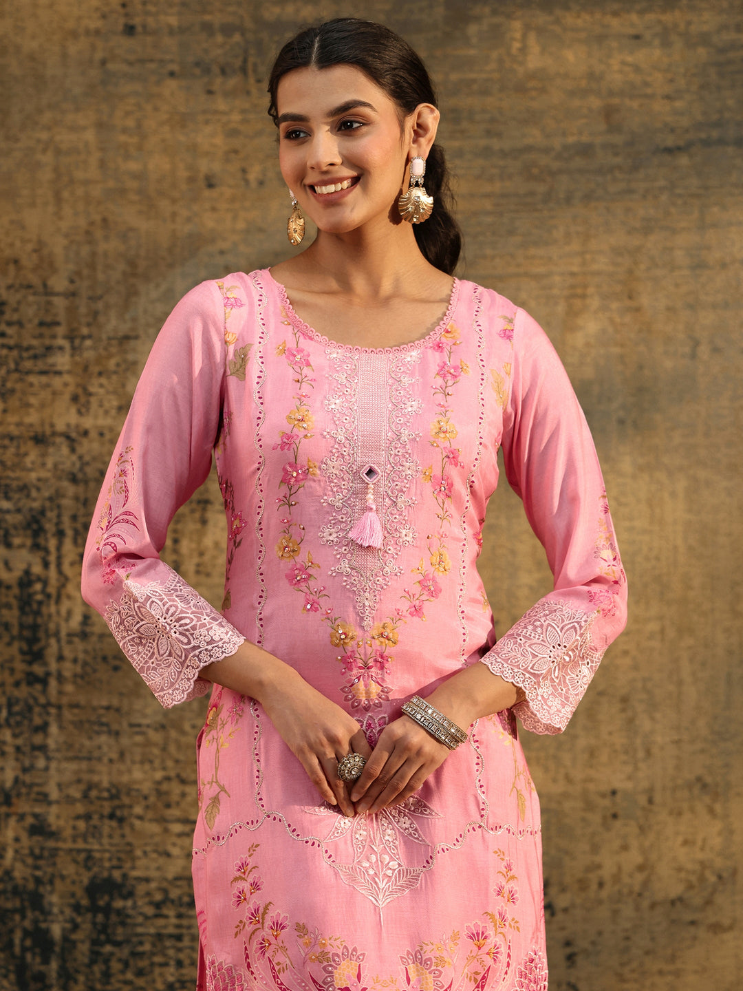 Libas Pink Floral Embroidered Crepe Straight Suit Set