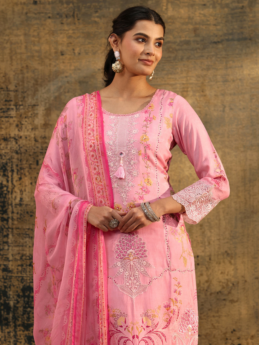 Libas Pink Floral Embroidered Crepe Straight Suit Set
