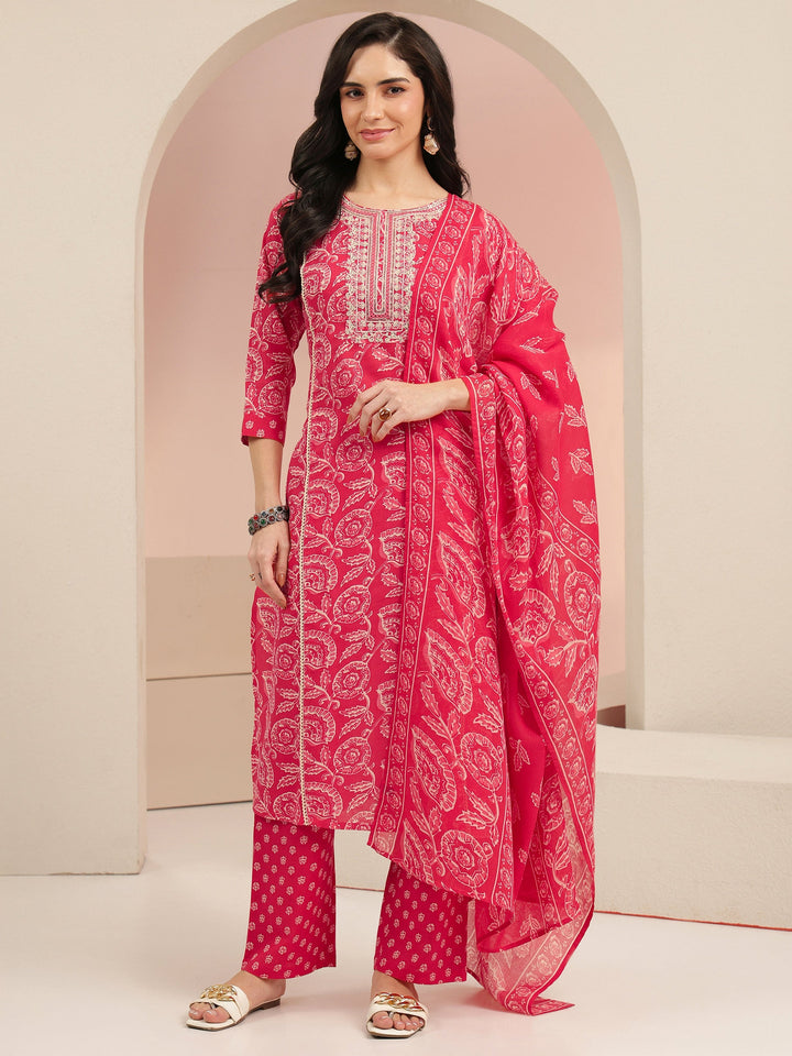 Libas Raspberry Red Floral Printed Cotton Straight Suit Set
