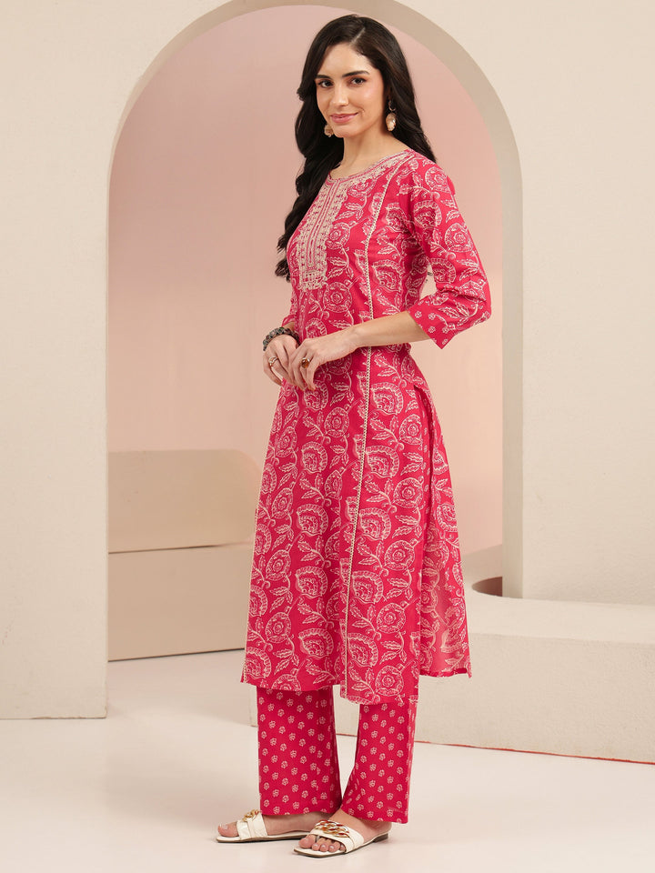 Libas Raspberry Red Floral Printed Cotton Straight Suit Set