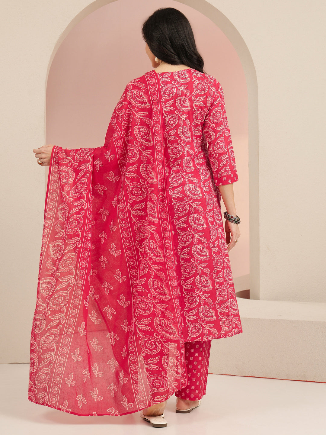 Libas Raspberry Red Floral Printed Cotton Straight Suit Set