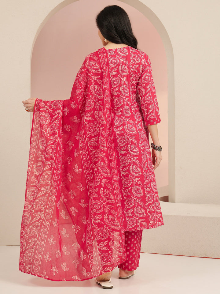 Libas Raspberry Red Floral Printed Cotton Straight Suit Set