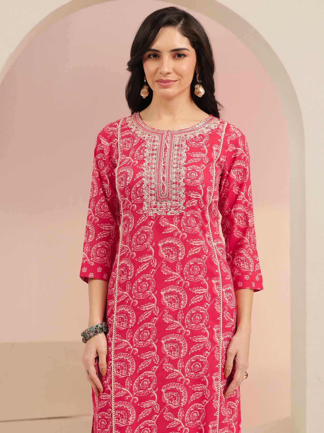 Libas Raspberry Red Floral Printed Cotton Straight Suit Set